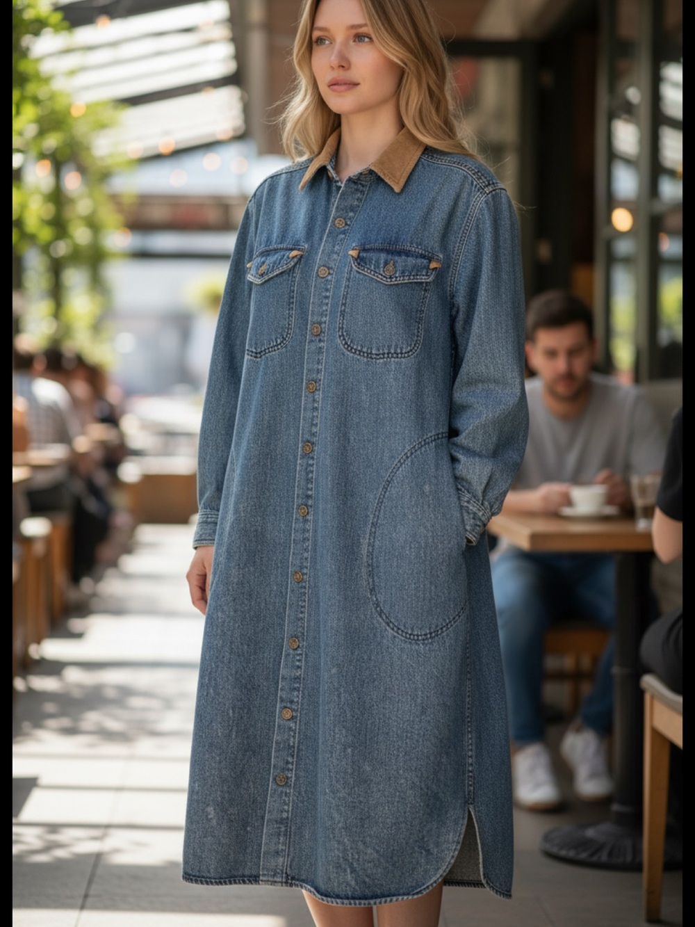 Vintage Banana Republic Denim Shirt Dress Leather Collar Safari Western 90s Med
